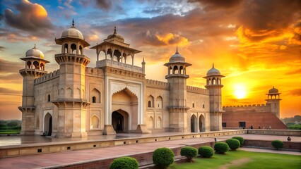 Obraz premium Lahore Fort at Sunset: A Symphony of Golden Hues AI Generated