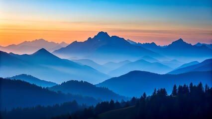 Obraz premium Serene Twilight Embrace: A Silhouette Panorama of Majestic Mountains Generative AI