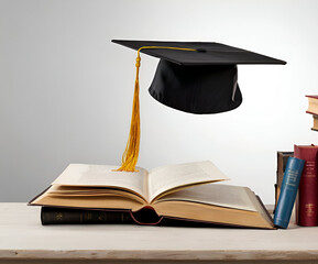 Graduation hat with books and diploma on white background. Ai generative