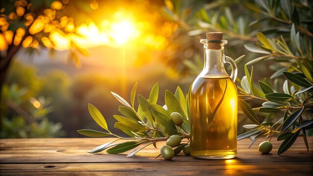 Golden Hour Harvest: An Olive Oil Bottle Basking in Warm Light  Generative AI