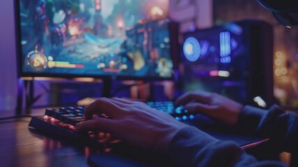 fuzzy image of first-person view of a gamer's hands on a custom-built PC keyboard,