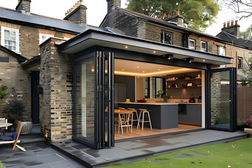 Modern kitchen extension with black folding doors opens to backyard patio.