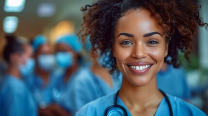 Fototapeta premium Smiling female doctor with stethoscope in hospital setting.