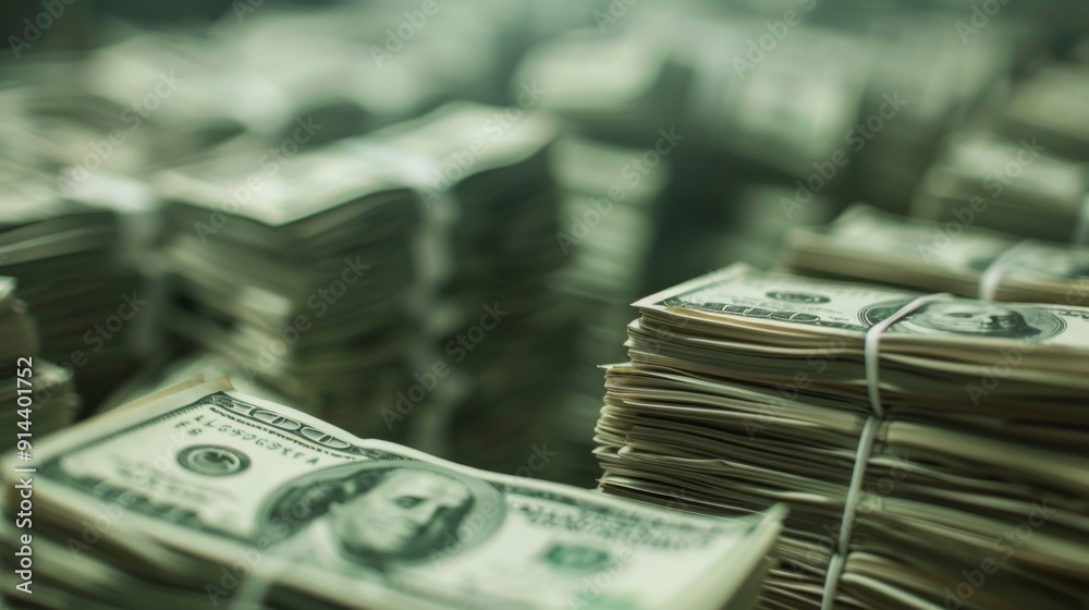 Poster high stacks of us currency on a clean surface