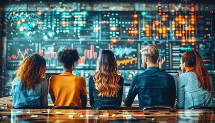 Team of diverse professionals working together in front of large screen with data visualizations.