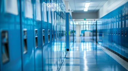Fototapeta premium Clean school hallway with a line of blue lockers