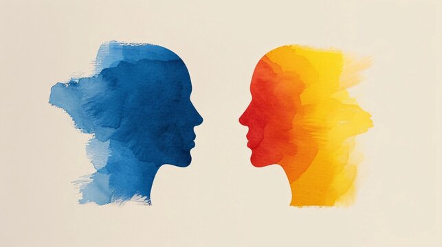 This image presents two silhouette heads facing each other, one in blue and the other in yellow, highlighting the contrast and relationship between opposing ideas or emotions in a minimalist artistic