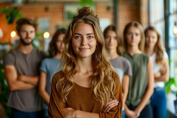 Fototapeta premium Confident woman standing with her team in a casual setting.