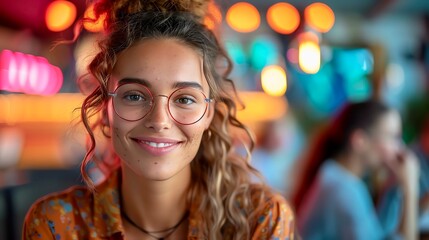 Fototapeta premium Young woman with glasses smiling in a bar with colorful lights