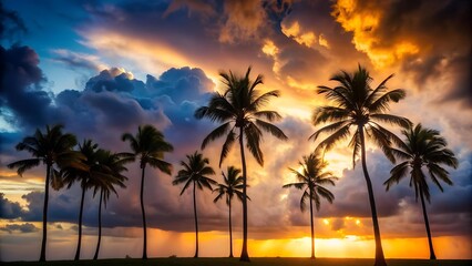 Silhouettes of Palm Trees against a Stormy Sunset  Generative AI