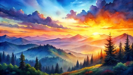 Abstract Watercolor Sunset Over Mountains  AI Generated