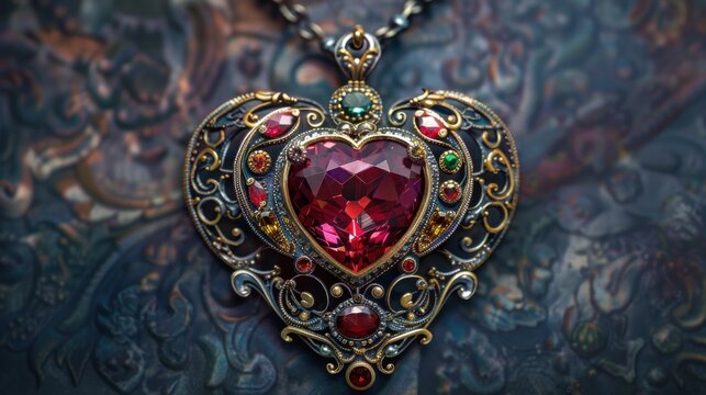 Ornate Heart Pendant with Gemstones