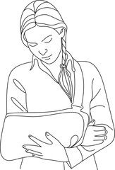 Woman with broken arm in sling, broken hand medical concept. Hand drawn in thin line style