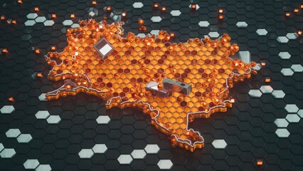 Orange metal hexagonal mosaic depicting the outline of a country set against a black background showcasing a technological representation