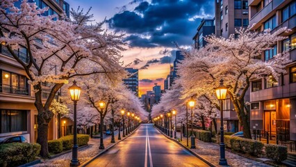 Obraz premium Cherry Blossom Lane at Twilight, Dusk over Cityscape, Pink Flowers, Illuminated Street, Urban Nature, cityscape, cherry blossoms