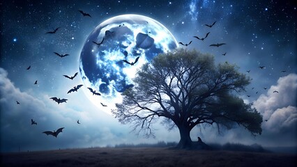 Ethereal Moonlight Bat Flight - A Glowing Full Moon Illuminates a Silhouetted Tree with Bats Swirling Around It  Generative AI