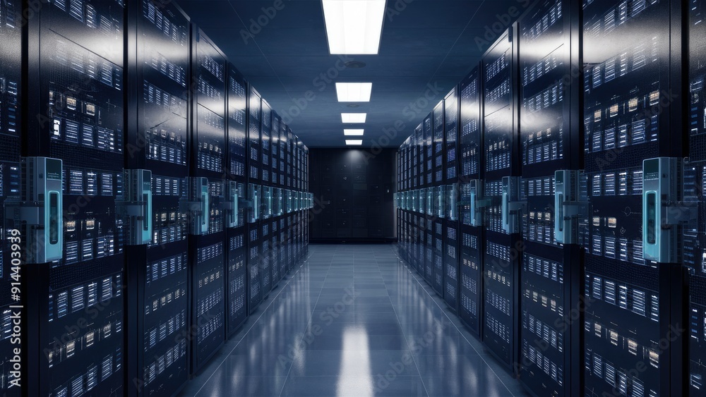 Poster 3d rendering of data rooms designed for data storage document exchange and file sharing functionalit
