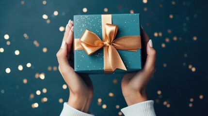 Elegant gift box with a golden ribbon held by hands, surrounded by confetti against a blue background. Ideal for holiday, celebration, and special occasion themes like Christmas or Valentine's Day.