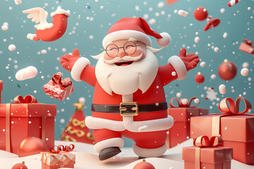 Cartoon Santa Claus with Gifts and Christmas Ornaments Floating on Blue Background