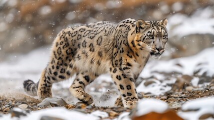 Obraz premium Snow Leopard in Rocky Mountain Habitat.