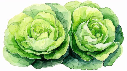 Obraz premium A detailed watercolor painting of two green cabbages, showcasing their layered texture and natural green tones, highlighted by intricate leaf patterns and vibrant color.