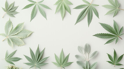 A collection of marijuana leaves are arranged in a circle on a white background