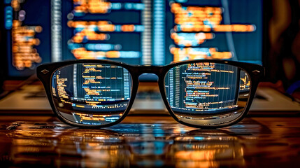 Concept image of software development: glasses reflecting computer screen with lines of programming code