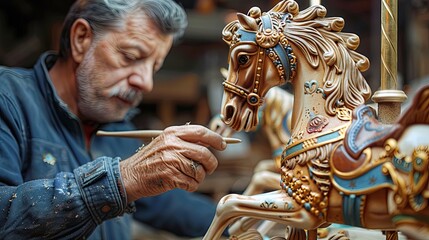 Magical elves carving whimsical carousel horses that come to life with each loving stroke 