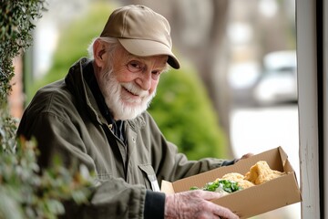 Cheerful Elderly Man Holding Takeout Food While Smiling on a Sunny Day
