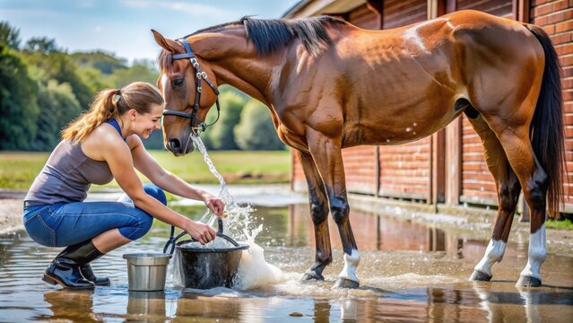 Horse owner carefully washing horse's legs in cold water after workout, focusing on hoof care, horse, owner, washing, legs