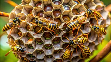 A Tapestry of Golden Hues: Guinea Paper Wasps Constructing Their Nest  Generative AI