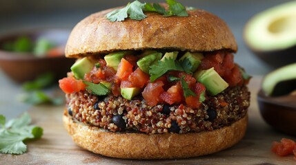 A delicious quinoa and black bean burger topped with fresh avocado and vibrant tomato salsa, served on a whole grain bun.