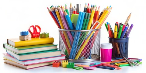 Fototapeta premium Colorful School Supplies with Books and Pencils, back to school, education, stationery, classroom