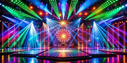 Fototapeta premium Concert Stage with Colorful Lights and Cityscape Backdrop, Stage Lighting, Concert Stage Design, Performance, Event