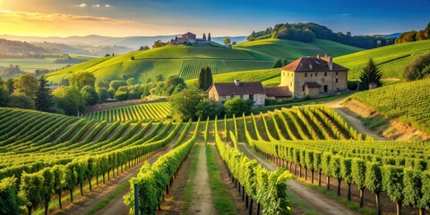 Naklejka premium Picturesque European vineyard landscape with rolling hills, lush grapevines, rustic architecture, and clear sky