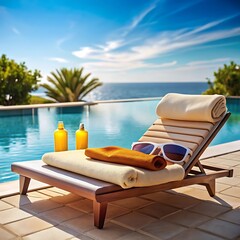 Umbrella and chair around outdoor swimming pool neary sea in hotel resort