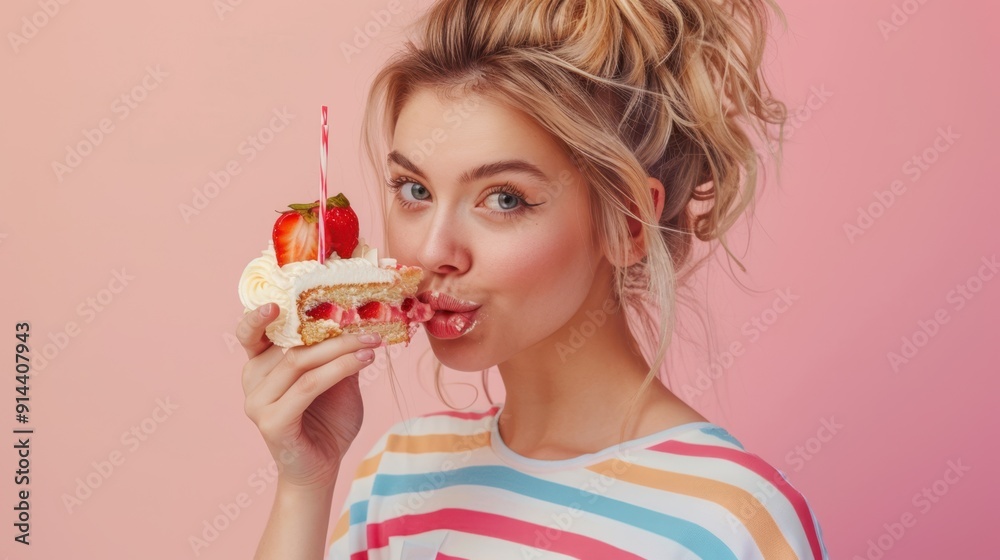 Wall mural The woman enjoying cake