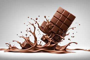 Landscape image view of dark milk chocolate flying around fountain of milk chocolate