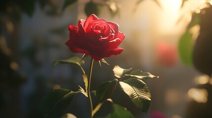 Obraz premium Single Red Rose with Green Leaves and Sunlit Background