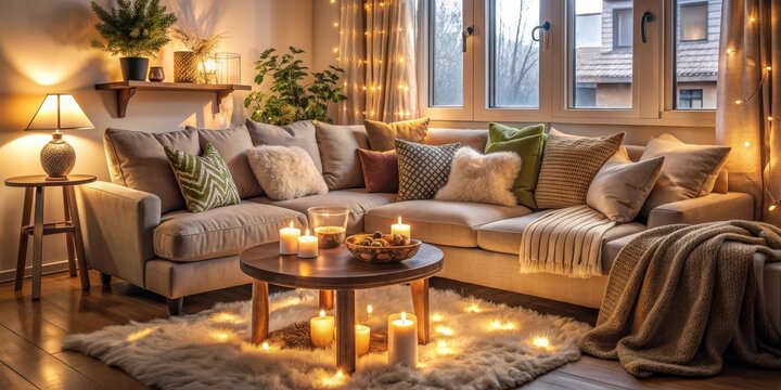 Cozy living room with plush pillows, soft blankets, and warm lighting , Hygge, comfort, home, relaxation, security