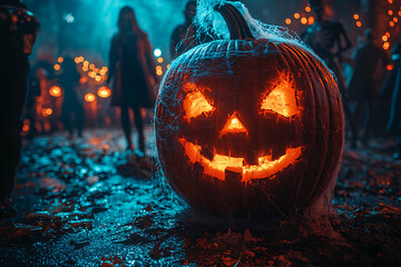 Fototapeta premium A dimly lit Halloween party with guests in elaborate costumes dancing among cobwebs, carved pumpkins, and eerie decorations like skeletons and bats. Lively yet spooky atmosphere