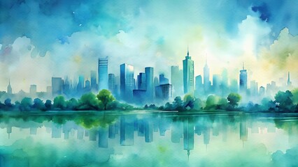 Fototapeta premium Cityscape Symphony in Blues and Greens AI Generated