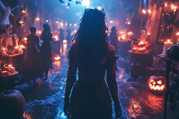 A dimly lit Halloween party with guests in elaborate costumes dancing among cobwebs, carved pumpkins, and eerie decorations like skeletons and bats. Lively yet spooky atmosphere