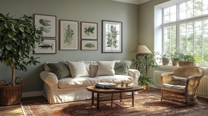 Fototapeta premium vintage farmhouse decor, a collection of new farmhouse art prints in a gallery wall, enhancing the room with a vintage aesthetic