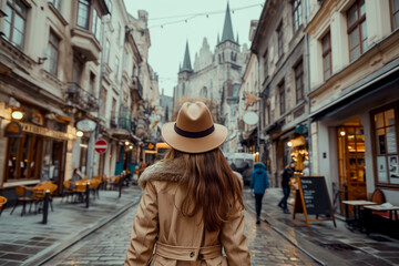 Woman exploring historic European street. Detailed depiction of a woman in a fedora looking at an old town's architecture. Ideal for travel, adventure, and cultural exploration themes