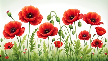 Obraz premium Poppy Fields: A Symphony of Crimson and Green Generative AI