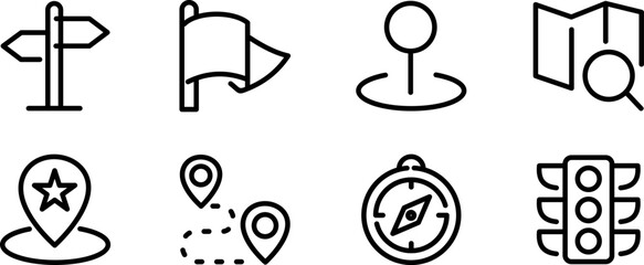 Set of thin line icons about navigation and location. Outline symbol collection. Editable vector stroke. Vector Illustration.