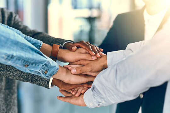 Business people, hands and stack in office for team building, inclusion and equality with motivation for career. Corporate job, employees and huddle in collaboration for solidarity, support and goals