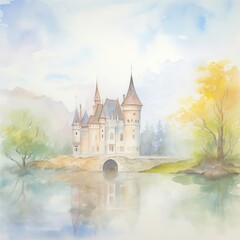 A serene watercolor castle surrounded by lush trees and tranquil water