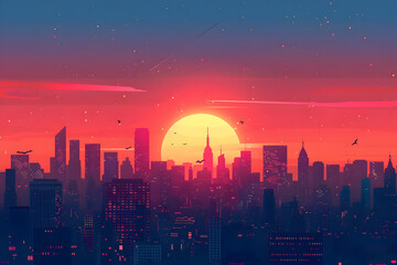 Silhouette of a city skyline with a sunset in the background.